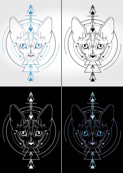 Cat sphinx penuh warna desain tato dan t-shirt - Stok Vektor