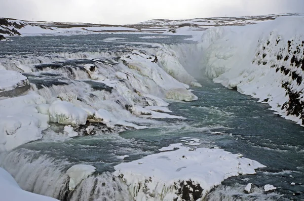 Islândia Paisagem Inverno Cachoeira Gulfoss Sob Neve — Fotografia de Stock