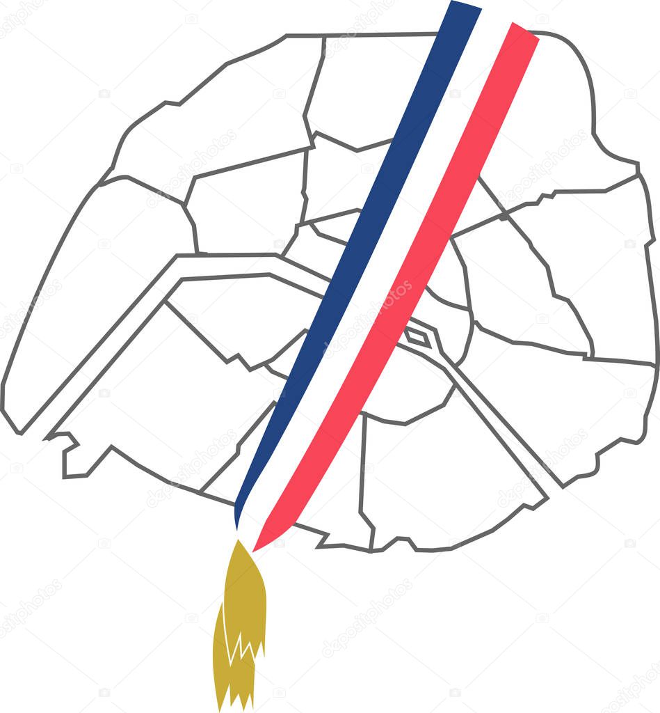 Map of Paris with a tricolour scarf in the colours of the French flag