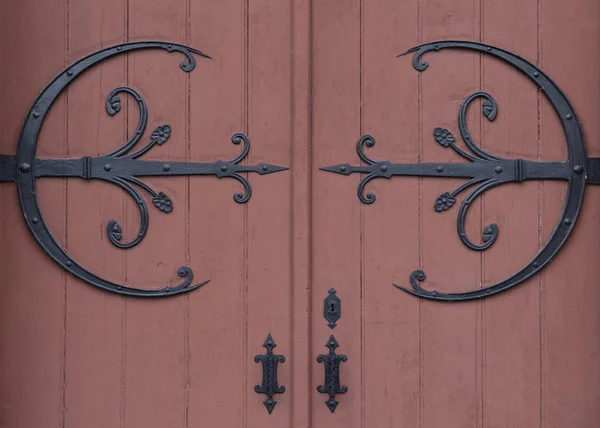 Detail Dřevěných Tepaných Železných Dveří Kostela Francii — Stock fotografie