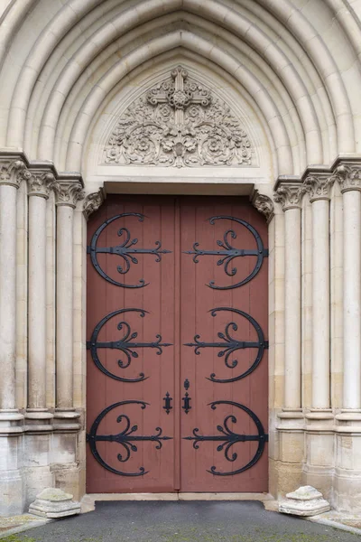 Detalhe Uma Porta Ferro Madeira Forjado Igreja França — Fotografia de Stock