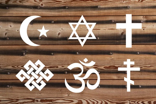 Symbol Different Religions Wooden Background — Stock Photo, Image