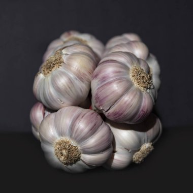 Siyah arka planda beyaz ve mor sarımsak kafa.