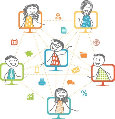 Erkekler ve kadınlar bilgisayarlarındaki bir internet ağı aracılığıyla birlikte çalışmaya bağlılar.