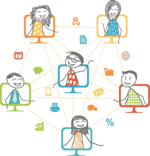 Erkekler ve kadınlar bilgisayarlarındaki bir internet ağı aracılığıyla birlikte çalışmaya bağlılar.