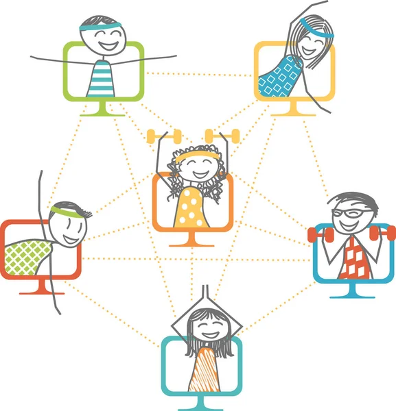 Erkekler, kadınlar ve çocuklar bilgisayar video konferansı yoluyla öğretmenleriyle evde spor yapıyorlar.