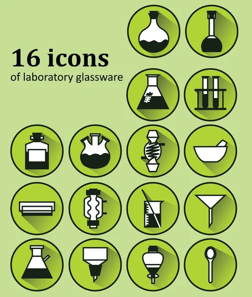 Conjunto de 16 ícones de vários copos de laboratório — Vetor de Stock