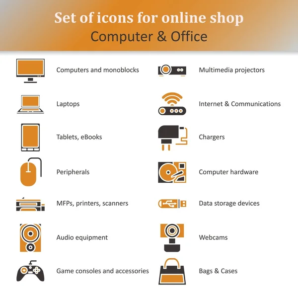 Conjunto de iconos de varios equipos informáticos para secciones de onlin — Vector de stock