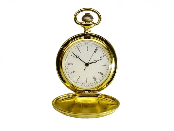 Relógio de bolso de ouro em um fundo branco — Fotografia de Stock