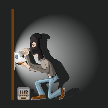 a thief in a black mask with master keys in the door lock breaks clipart