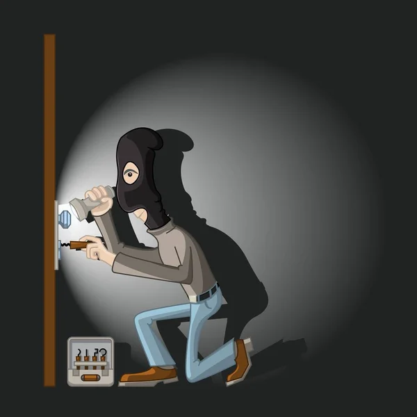Ένας κλέφτης σε μια μαύρη μάσκα με πρωτεύοντα κλειδιά στα διαλείμματα κλειδαριά πόρτας — Διανυσματικό Αρχείο