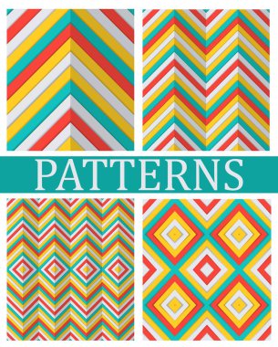 Zikzaklar desenlerini kümesi. Arka plan içeren kırmızı, mavi, yel