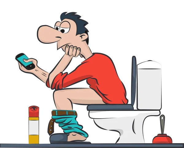 Ein Mann, der mit dem Handy auf der Toilette sitzt — Stockvektor