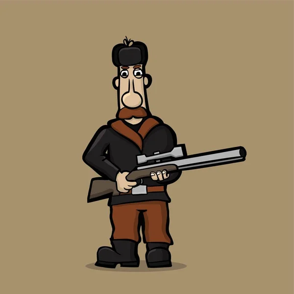 Caricatura de caçador de bigode com espingarda de atirador — Vetor de Stock