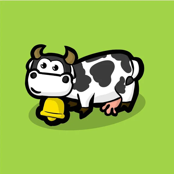 Cute cow with a golden bell around on neck on a green meadow. Wh — Stock Vector