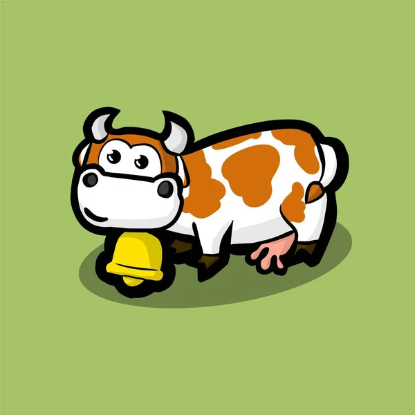 Bella mucca con una campana d'oro intorno al collo su un prato verde. Che succede? — Vettoriale Stock