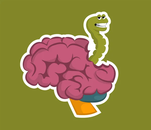 緑のワームは、脳を食べる。緑の背景にステッカー — ストックベクタ