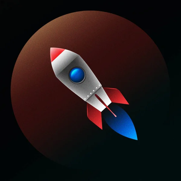 Flying rocket with fire on a planet background