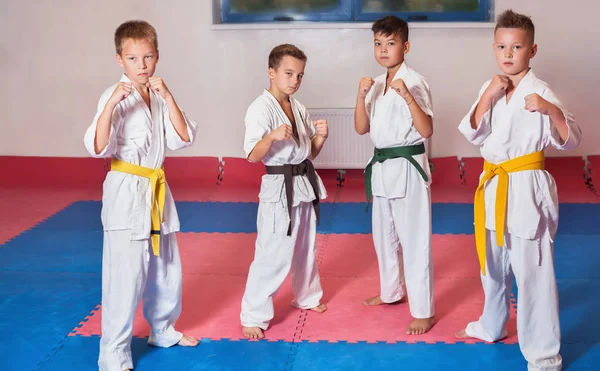 ?hildren demonstrate martial arts working together — Stock Photo, Image