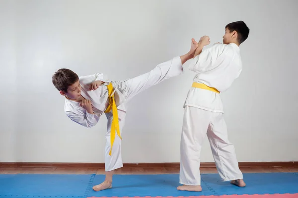 Dos chicos demuestran artes marciales trabajando juntos —  Fotos de Stock