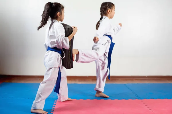 Dos niñas demuestran artes marciales trabajando juntas —  Fotos de Stock