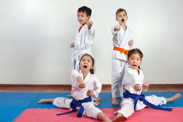 Four children demonstrate martial arts working together — Stock Photo, Image