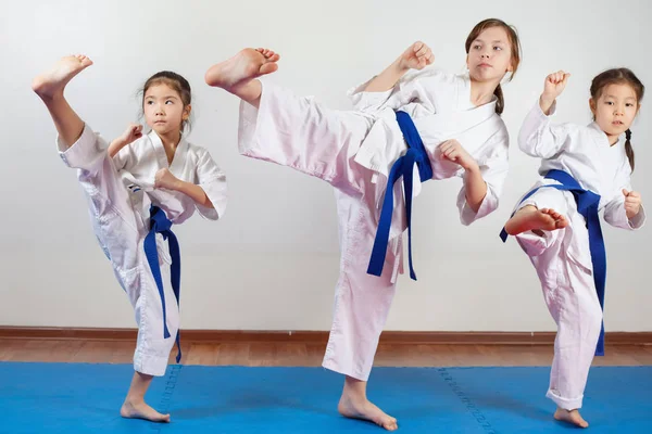 Three little girls demonstrate martial arts working together — Stock Photo, Image