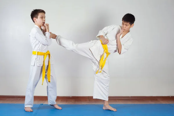 Dos chicos demuestran artes marciales trabajando juntos —  Fotos de Stock