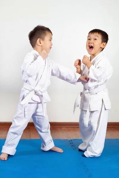 Dos niñas chicos demuestran artes marciales trabajando juntas —  Fotos de Stock