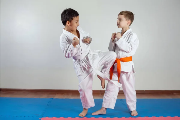 Dos chicos demuestran artes marciales trabajando juntos —  Fotos de Stock