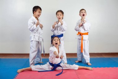 Four children demonstrate martial arts working together clipart