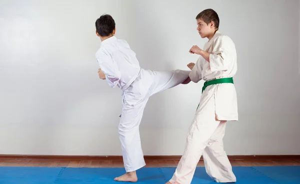 Dois meninos demonstram artes marciais trabalhando juntos — Fotografia de Stock