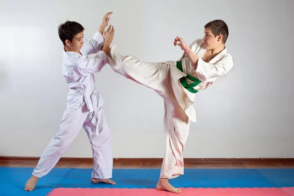 Dois meninos demonstram artes marciais trabalhando juntos — Fotografia de Stock