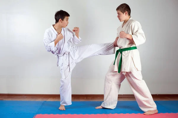 Dua anak laki-laki menunjukkan seni bela diri bekerja sama — Stok Foto