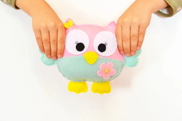 Child holds a fun felt owl in his hands. A children's game — Stock Photo, Image