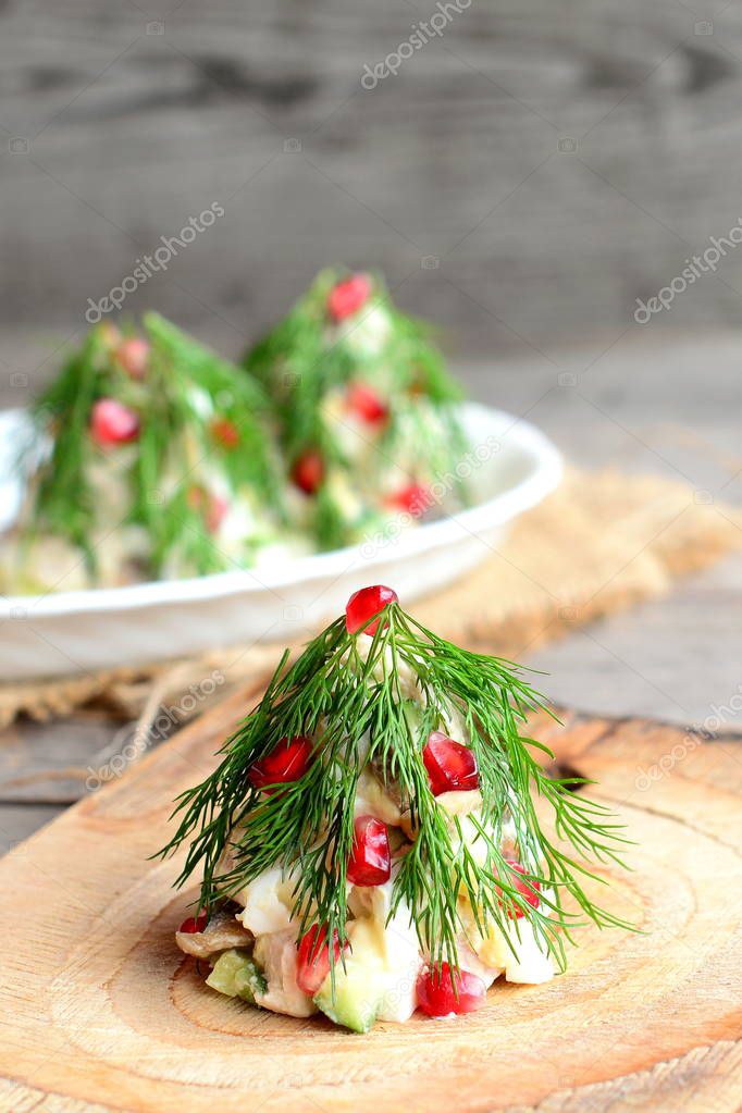 Christmas tree salad serving Salad with meat, champignons