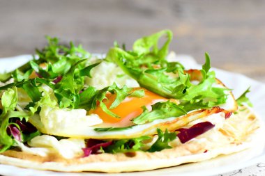 Kızarmış yumurta çıtır tortilla salatası mix ve bir plaka üzerinde Humus ile. Dolgu ile sağlıklı vejetaryen tortilla. Portre