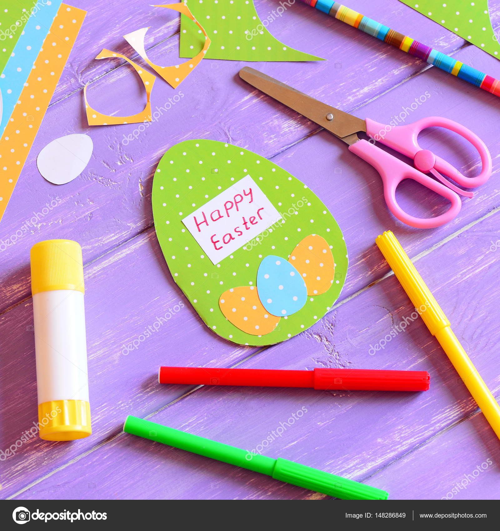 Easter Card Ideas For Children To Make Part - 47: Happy Easter Card In Egg Shape. Materials And Tools To Create Easter Paper Greeting Card