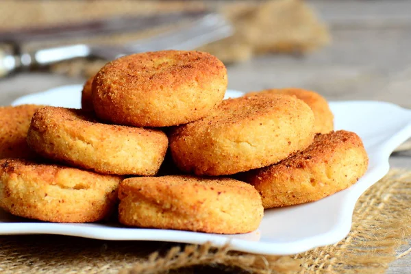 Buatan sendiri chickpea goreng di piring. Gorengan vegetarian panggang dibuat dengan chickpeas puree. Lenten ide makan. Tanggul berkarat. Penutup — Stok Foto