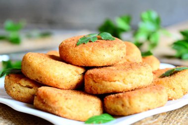 Bir plaka üzerinde küçük nohut burger. Fried vejetaryen Burger Nohut ile yapılan püre. Basit, sağlıklı ve doyurucu yemek fikri. Rustik stile. Portre