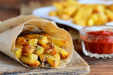 Baharat ile çıtır çıtır kızarmış patates. Kağıt, ketçap sosu baharatlı patates kızartması. Ahşap arka plan. Hızlı patates tarifi. Portre