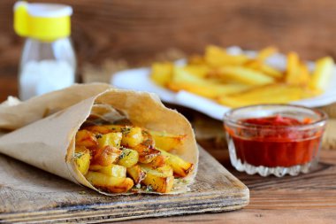 Kavrulmuş baharatlı patates kızartması kağıt ve bir tabak, salça tuz shaker ahşap bir masa üzerinde bir cam kasede. Hızlı meze fikir