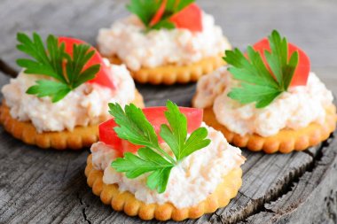 Baharatlı peynir, kurabiye yapılmış kanepe domates dilim ve maydanoz yaprağı. Lezzetli kanepe ahşap arka plan üzerinde. Basit meze tarifi. Portre