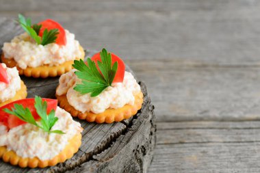Kopya alanı metin için ahşap bir zemin üzerine krem peynir ile ev yapımı mini sandviç. Hızlı snack tuzlu kurabiye, baharatlı krem peynir, taze domates ve maydanoz. Lezzetli meze tarifi