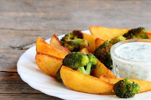 Roasted potatoes slices and broccoli florets with dill sour cream sauce on a plate and a wooden table. Simple potatoes and broccoli recipe idea. Rustic style. Closeup