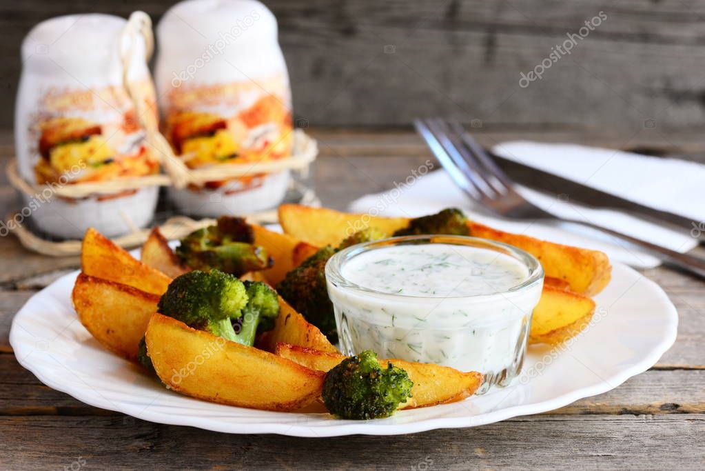 Baked vegetables. Baked potatoes with broccoli and sour cream sauce. Easy and healthy vegetarian meal for weight loss. Closeup