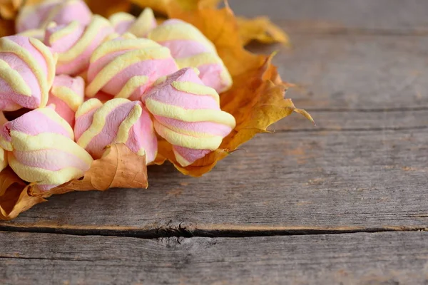 Malvaviscos espirales amarillos y rosados sobre hojas de otoño amarillas y sobre un fondo de madera vintage con espacio para copiar el texto. Montón de malvavisco dulce luz de cerca — Foto de Stock