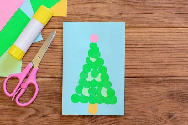 Cute Christmas Tree Card Design Christmas Greeting Card Colored Paper — Stockfoto