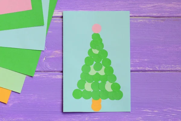 Paper Greeting Card Green Christmas Tree Colored Paper Sheets Purple — Foto de Stock