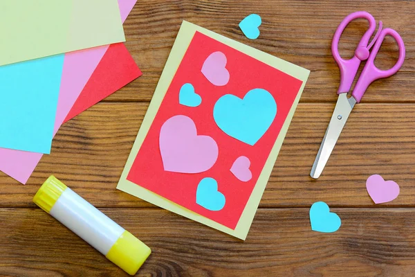 Nice Valentines Day Card Paper Hearts Scissors Glue Stick Colored Stock Photo